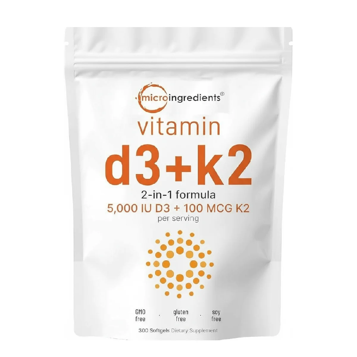 [850015616020] Micro Ingredients Vitamin D3 + K2 2-in-1 Formula 5000 IU D3 and 100 mcg K2 – 300 Softgels