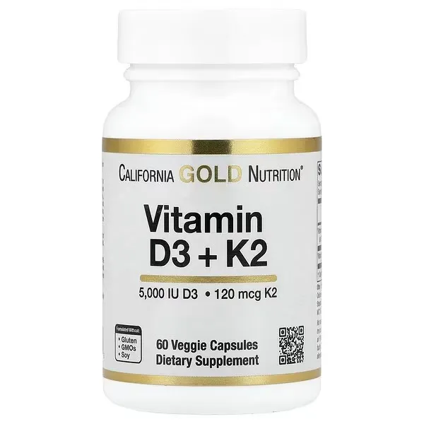 [898220023325] California Gold Nutrition – Vitamin D3 + K2 (5000 IU D3, 120 mcg K2) – 60 Veggie Capsules