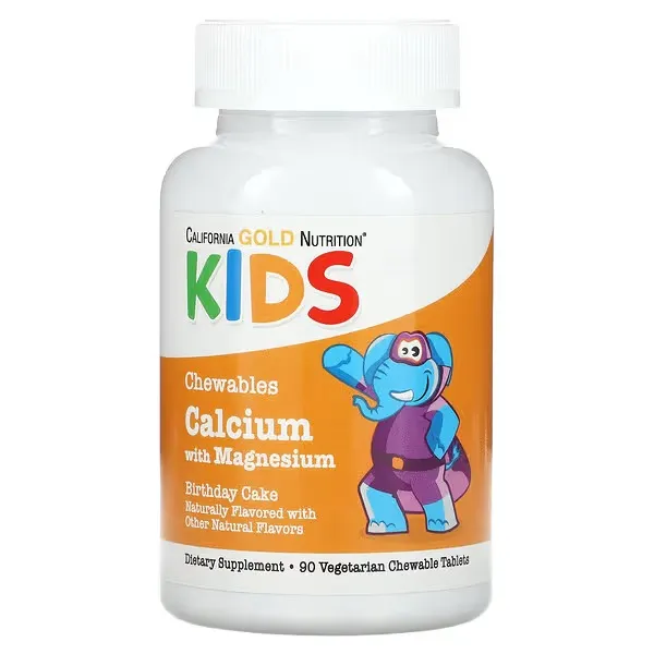 [898220022755] California Gold Nutrition Kids Chewable Calcium + Magnesium – Birthday Cake Flavor – 90 Veg Chewable Tablets