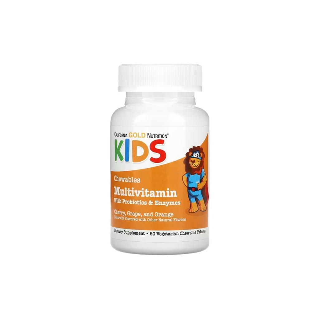 [898220022762] California Gold Nutrition Kids Chewable Multivitamin with Probiotics &amp; Enzymes – Cherry, Grape &amp; Orange – 60 Capsules