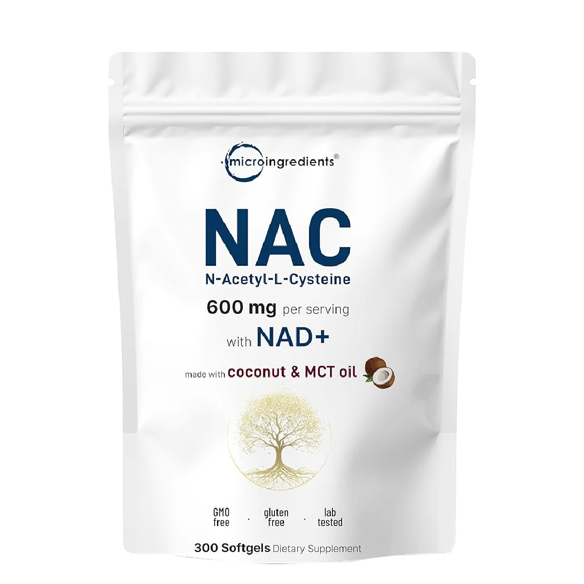 Micro Ingredients NAC N-Acetyl-L-Cysteine 600mg + NAD Supplement with Coconut & MCT Oil – 300 Softgels