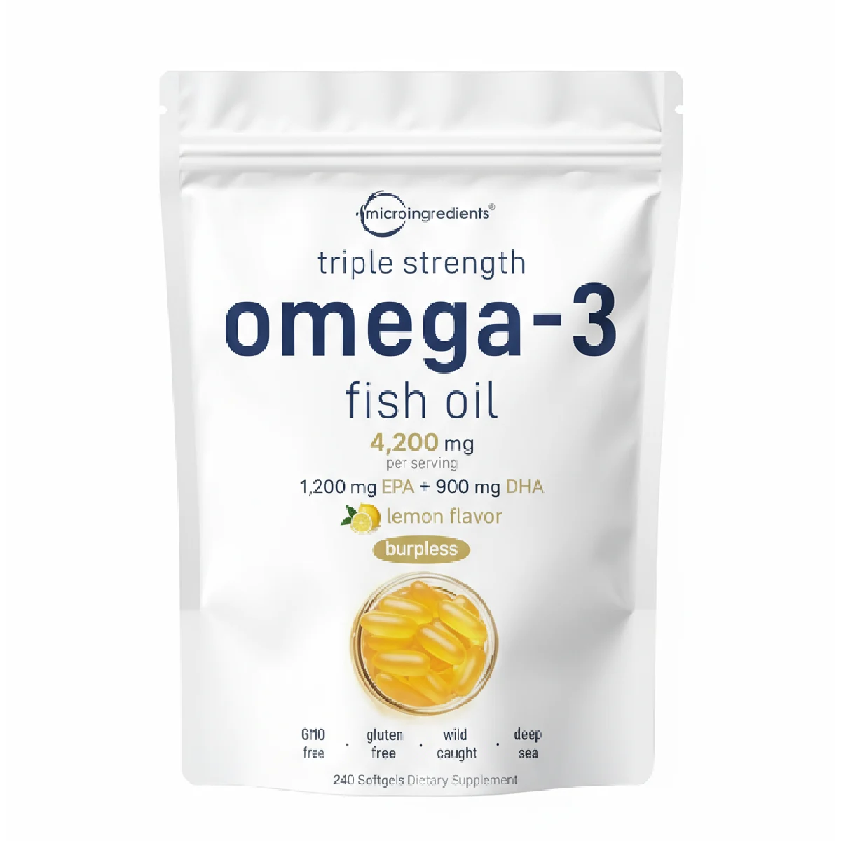 Micro Ingredients Triple Strength Omega-3 Fish Oil 4200mg Lemon Flavor 240 Softgels